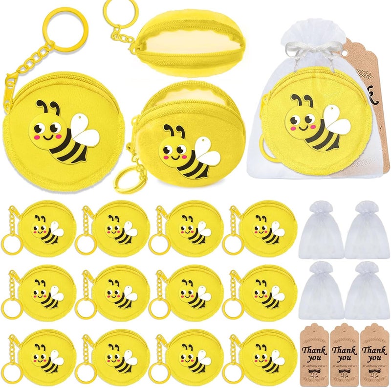 Elecrainbow 36 Pack Bee Change Coin Purses Set Include 12 Bee Wallets with Keyrings, 12 Thank You Tags and 12 Organza Bags for Honey Bee, Bumble Bee, Mommy to Bee, Birthday Party Decoration,Yellow - Image 1
